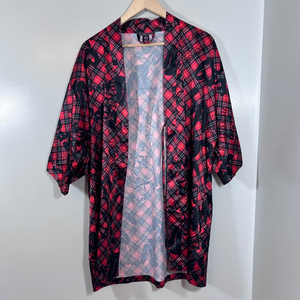 Victorias Secret Red Black Plaid Logo Satin Kimono Robe XS/S 0904